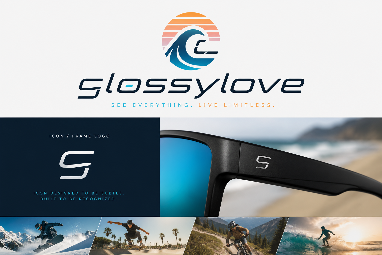 Click to view full size Glossylove logo system with wave badge and frame icon