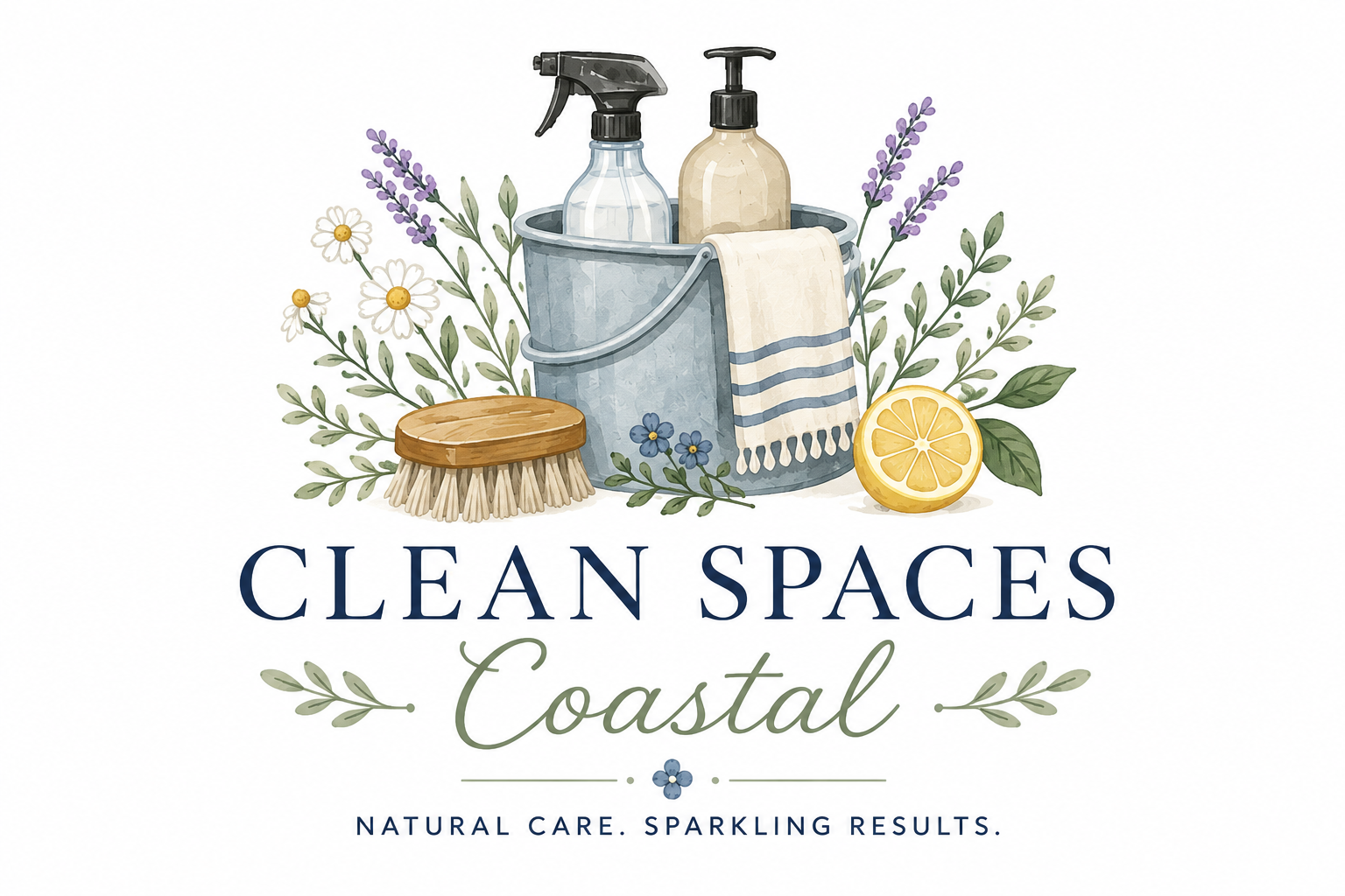 Click to view full size Clean Spaces Coastal primary logo with watercolor cleaning bucket and florals